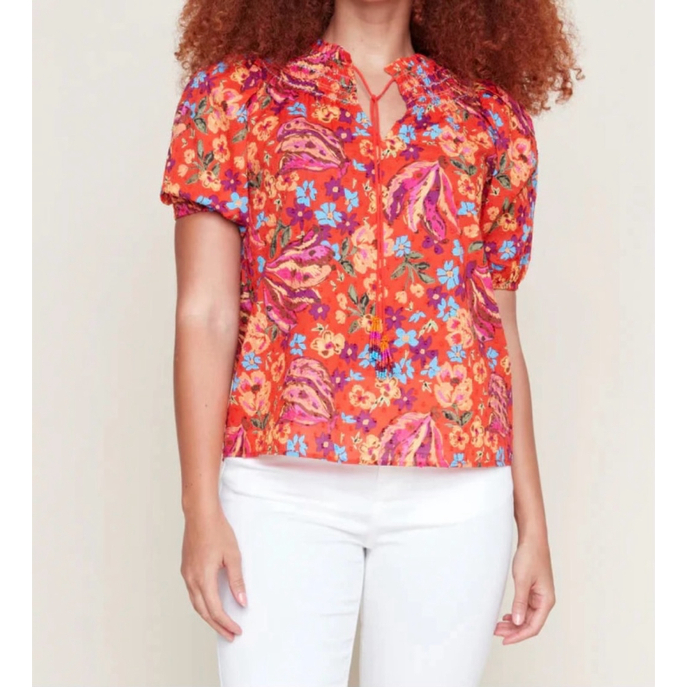 RACHEL Rachel Roy Small Floral Blouse with Swiss Dots & Tassels